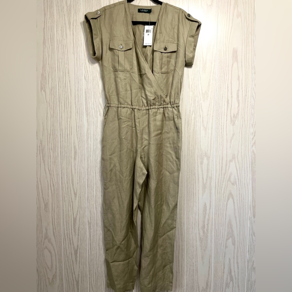 Ralph Lauren size 6P linen jumpsuit short sleeve straight leg sage green NWT